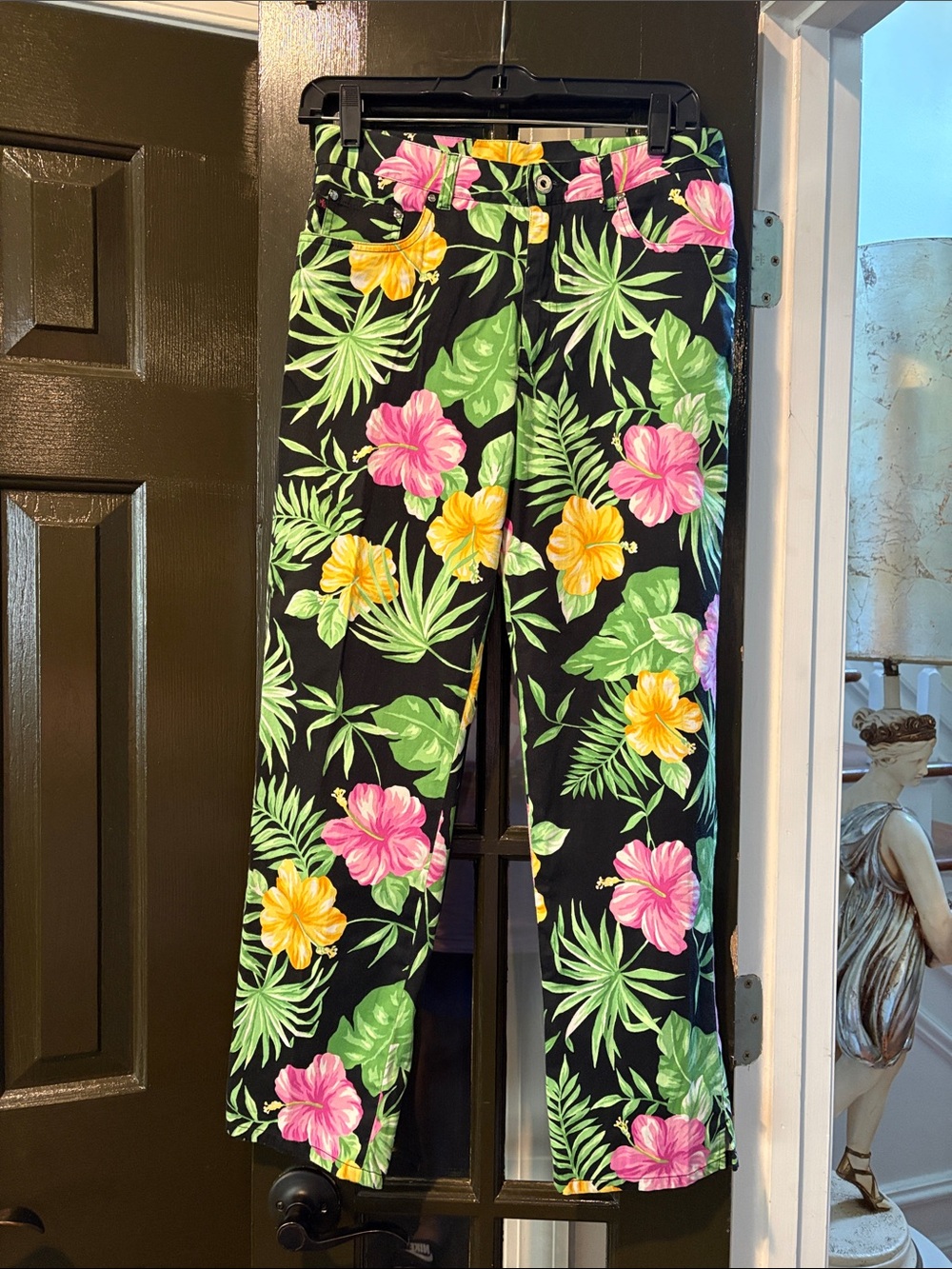 Lauren Ralph Lauren Black Cropped Floral Pants with Pink & Yellow Hibiscus